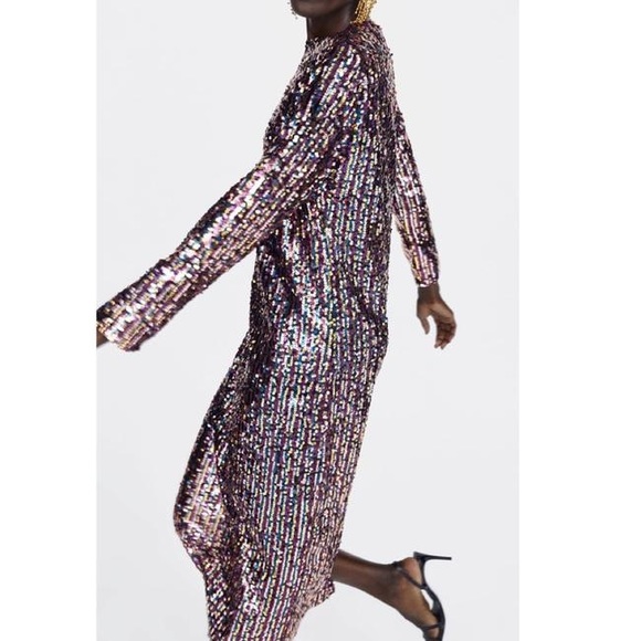 Rainbow Sequin Midi Long Sleeve Cocktail Dress - Picture 5 of 6